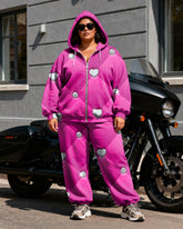 Women's Plus Size Rose Red Diamond Print Cardigan Hoodie Set